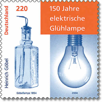 На фото: немецкая почтовая марка показывающая дизайн лампочки Гобеля 1854 года.