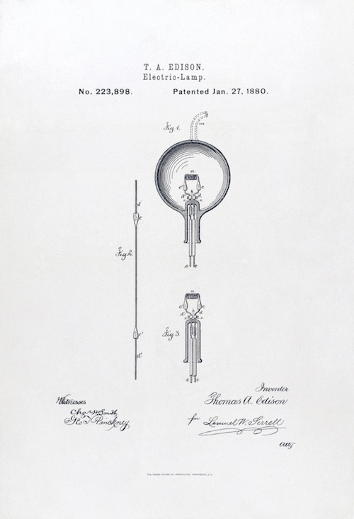 На фото: патент 223898 на электрическую лампочку Эдисона, выпущенный 27 января 1880 года.